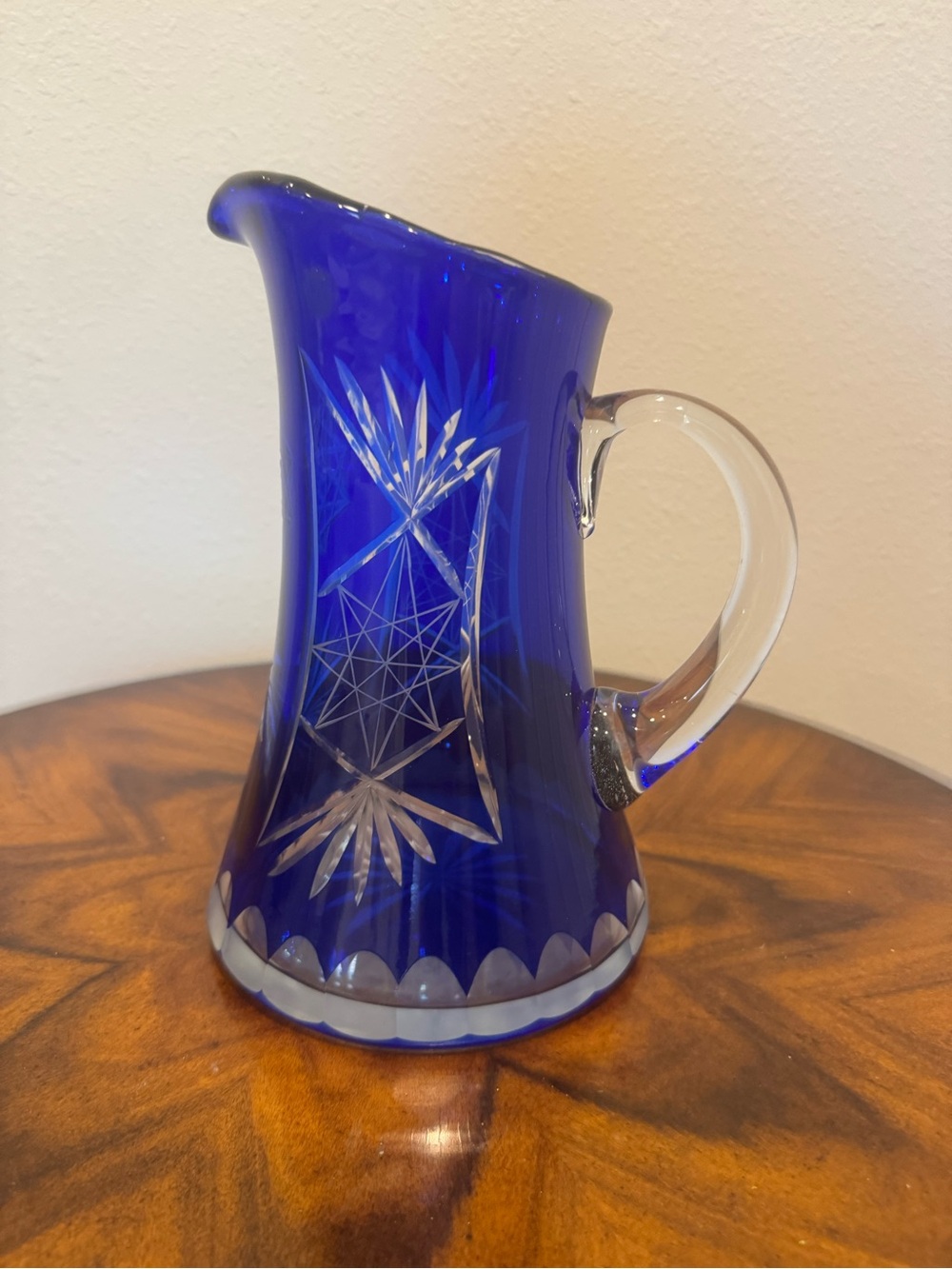 Mid-Century Cobalt Cut To Clear Glass Pitcher 9”